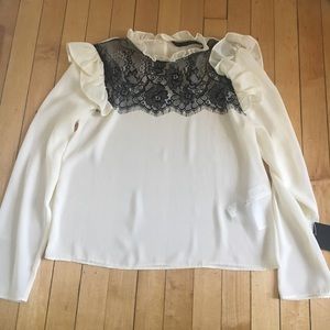 NWT Zara white long sleeve blouse with lace accent